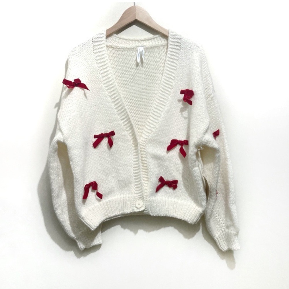 Dreamers Bow Cardigan Size Medium White Red New Oversized